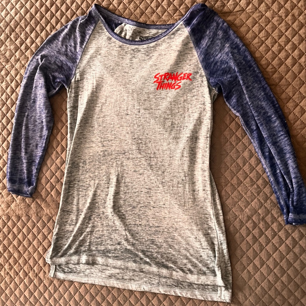 XS Grey and Blue Stranger Things Baseball Tee with 3/4 sleeves